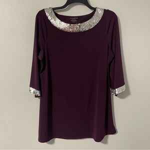 Charter club dark eggplant purple silver‎ bling sequins, elegant tunic top 1X